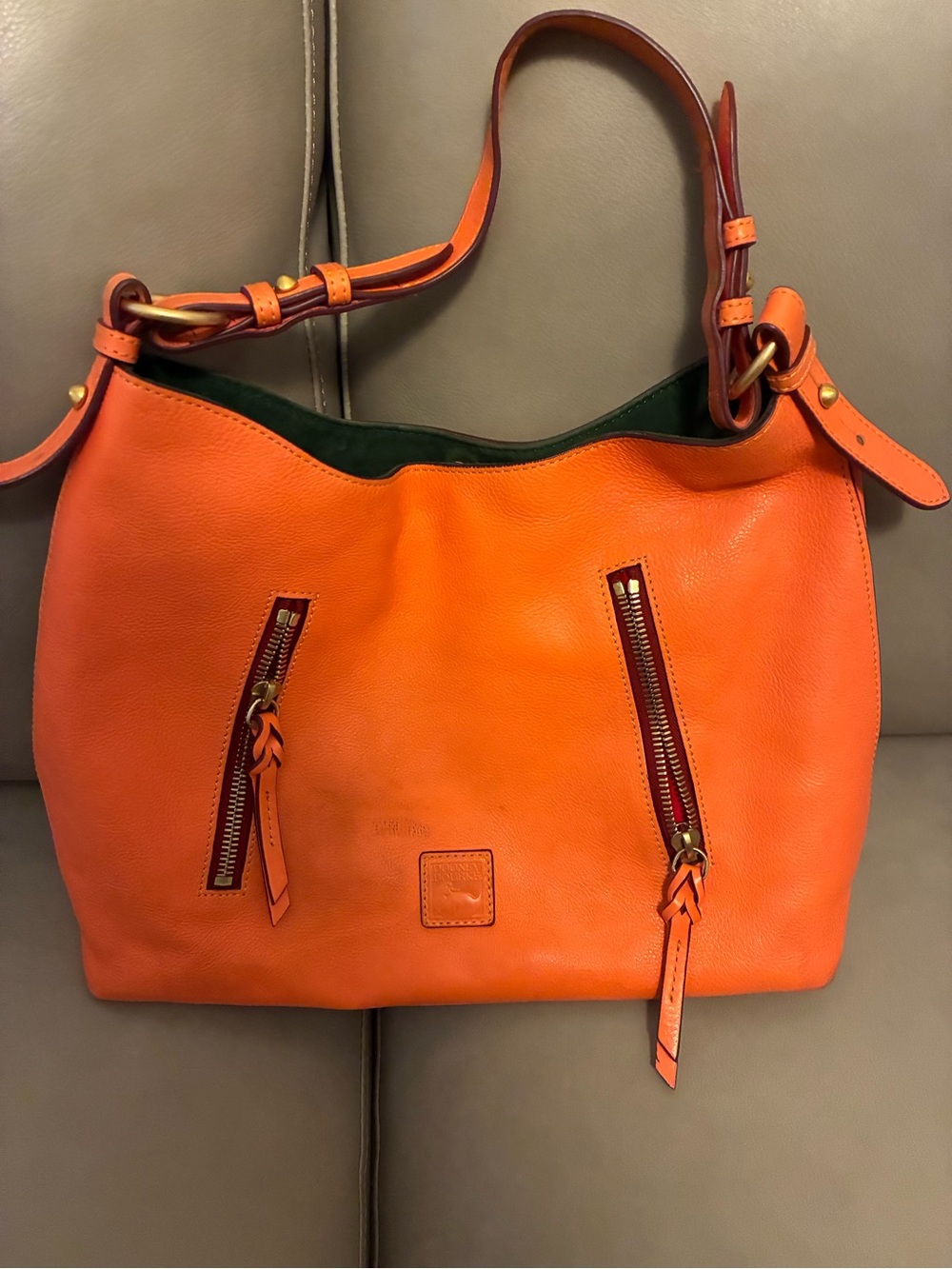 Dooney & Bourke Orange Leather Shoulder Bag with Green Lining